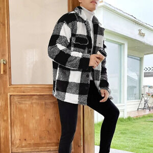 Black & White Preppy Mens Buffalo Plaid Pattern Flap Pocket Coat